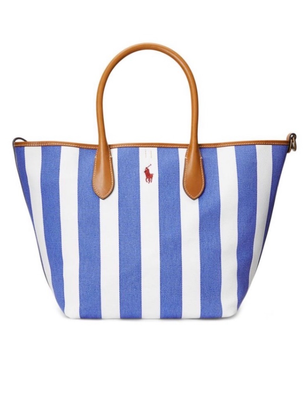 Polo by Ralph Lauren Blue & White Stripe Tote with Tan Leather Trim
